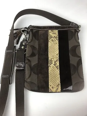 $29.99 • Buy Coach Brown Snake Print Patent Leather Suede Stripe Crossbody Swing Pack 10266