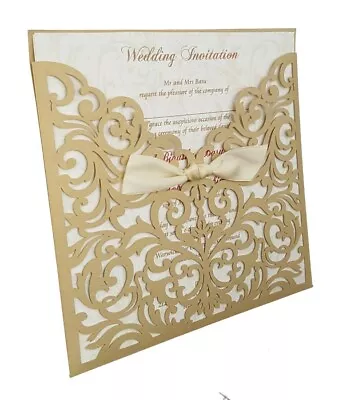 Handmade PERSONALISED Wedding Day Card Antique Gold Ribbon Laser Cut Invitation • £0.99