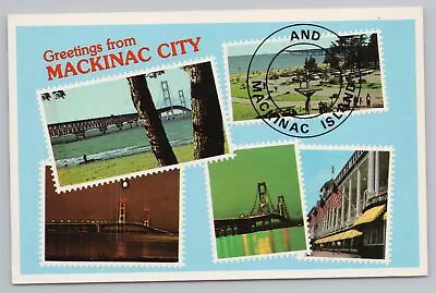 Mackinaw City MI~Mackinaw Bridge & Grand Hotel On Stamps~Vintage Postcard • $3