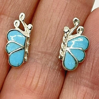 $34.94 • Buy Zuni Butterfly Inlay Turquoise Post Earrings 1/2    Sterling Silver Sleeping 
