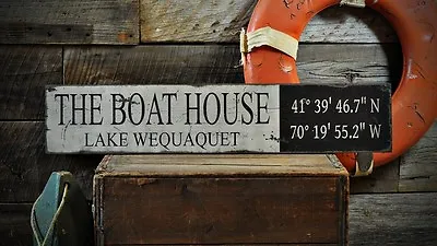 Custom Lake Boat House Lat Long Sign -Rustic Hand Made Vintage Wooden • $54