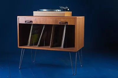 Mid Century Vintage Teak Record Cabinet Vinyl LP  Storage On Hairpin Legs • £295