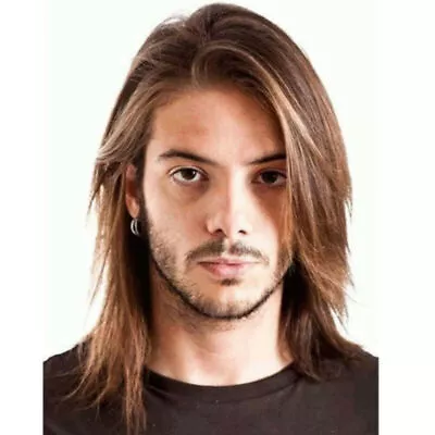 Men Male Straight Long Hair Wigs Ombre Brown Synthetic Hair Party Natural Toupee • £17.29