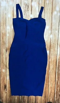 $89.99 • Buy Herve Leger Bodycon Bandage Cocktail Dress MIDI Straps  Blue A177 *SMALL