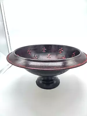 Large Fleur-de-lis Pedestal Bowl Old World Distressed Metal Black & Red Finish • $16.50