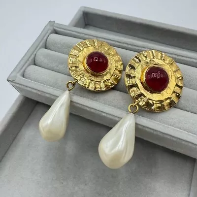 Authentic CHANEL Earrings Vintage Redstone Pearl Rare Clip On Japan 313 250 • $575