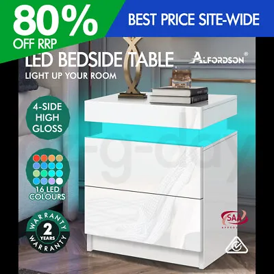 ALFORDSON Bedside Table RGB LED Nightstand 2 Drawers 4 Side High Gloss White • $89.95