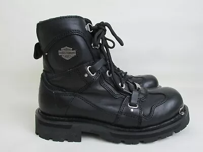 $110 • Buy Women HARLEY-DAVIDSON Black Leather Zak SteelToe Boots Lace/Zipper Side Logo Shi