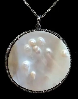Vintage Blister Pearl Pendent With Tiny Dimonds Stones Around Pendant 22  Chain • $325
