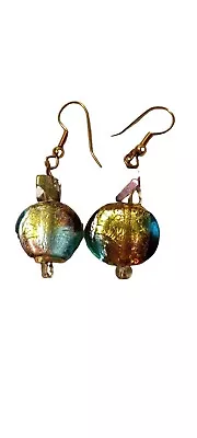 Vintage Murano Glass Round Multicolor Bead Gold Tone Dangle Drop Earrings • $6.91