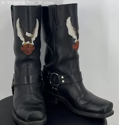 Harley Davidson Black Leather Darren Embroidered Eagle Biker Boot -Men's Size 9 • $31.99