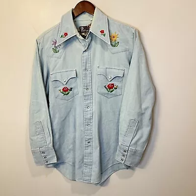 Vtg 70s JCPenney Embroidered Chambray Western Shirt Pearl Snap Fits L • $58.45