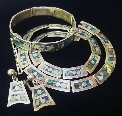 Taxco VJC VICTOR JAIMEZ Sterling Silver Inlaid Necklace Bracelet Earrings VTG • $295