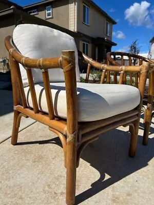 Set Of Vintage McGuire Rattan Armchairs With Off White Cushions • $600