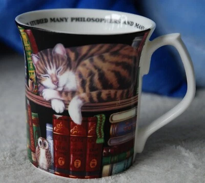£6.99 • Buy CAT ON A BOOKSHELF Fine Bone China Mug PAST TIMES The Wisdom Of Cats VGC