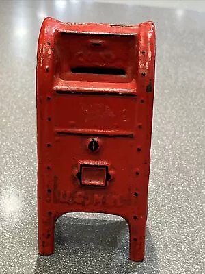 Cast Iron Coin Bank Red Mail Box US MAIL 5 1/2  Tall Vintage • $5.50