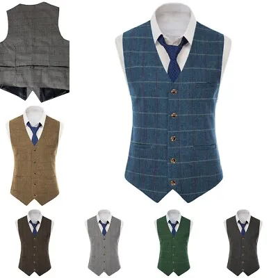 Tweed Mens Suit Plaid Waistcoat Herringbone Vest Windowpane Wedding Vintage Wool • $18.99