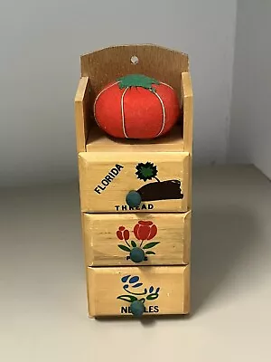 Vintage Sewing Notion Box Wood 3 Drawers With Pin Cushion • $3.99