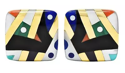 Asch Grossbardt 1980s Multi-Gem 14 Karat Yellow Gold Cushion Inlay Earrings • $1810