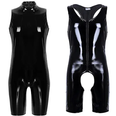 Men Wetlook Bodysuit Jumpsuit Crotchless Catsuit Zipper Leotard Leather Costumes • £7.19