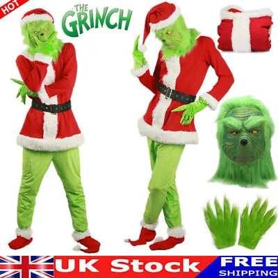 Adult Mens Christmas The Grinch Costume Cosplay Santa Fancy Mask Outfit Dress UK • £42.69