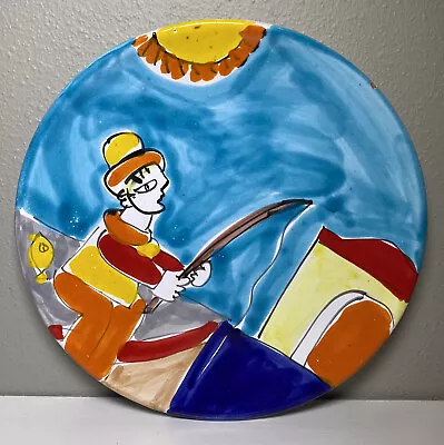 Vintage La Musa Italy Plate Ceramic Pottery Man Fishing Hanging Sea 8” *read* • $29.99