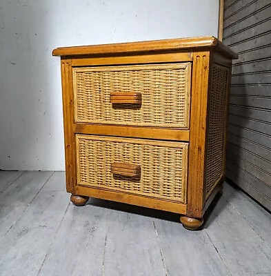 Vintage MCM Asian Boho Chic Coastal Wicker Rattan 2-Drawer Nightstand Table B • $225