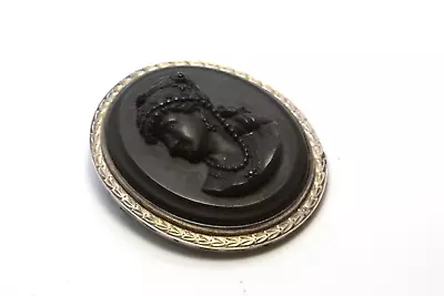 Antique Victoria Sterling Silver Vulcanite Carved Cameo High Relief Pin • $454.25