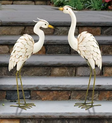 Snowy Egret Pair Metal Garden Decor Statues Bird Yard Sculpture Ibis Heron Crane • $145