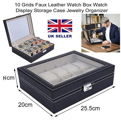 10 Grid Slot Watch Box Leather Display Glass Top Jewelry Storage Case For Men UK • £9.97