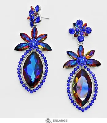 3   Long Silver Royal Blue Multi Color AB Austrian Crystal Pageant Earrings • $14.60