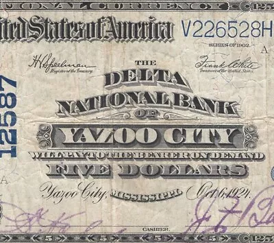 ✪ 1902 $5 Yazoo City Ms National Bank Mississippi Currency 1067 • $500