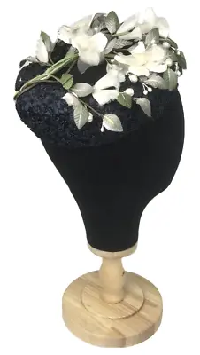 Vtg Marche Exclusive Womens Pillbox Hat Cap Navy Blue Floral Fascinator • $44.99