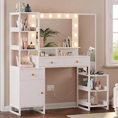 Large White Vanity Desk With Full-Length Mirror & Shelves LED Makeup Vanity Desk • $229.89