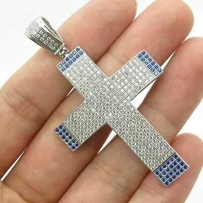 Men's 14K White Gold Plated 3 Ct Round Cut Blue Sapphire Simulated Cross Pendant • $119.99