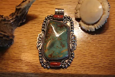 Beautiful Vintage Sterling Navajo Turquoise Red Coral Pendant Signed 40 Grams • $195