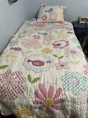 Pottery Barn Kids Pink Quilt With Flowers Reversible Twin 86” X 68” W/ Sham • $49