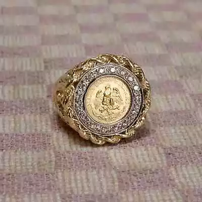 14k Yellow Gold Plated Mexican Dos Coin 1Ct VVS1 Moissanite Nugget Ring For Men • $112.49