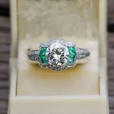 Art Deco Round Lab Created Diamond & Emerald Wedding 14Ct White Gold Filled Ring • $93.13