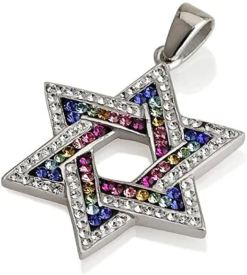 Star Of David Pendant Multi Colors Gemstones + Sterling Silver Necklace #5 • $56.21