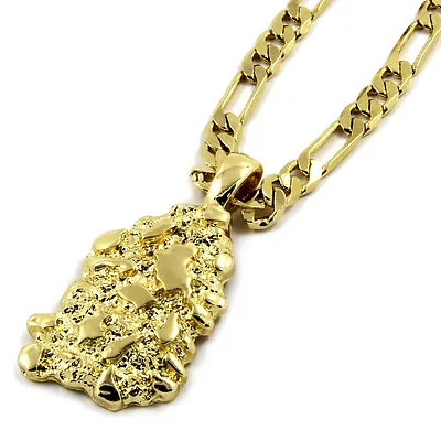 Mens 14K Gold Plated Nugget Pendant Hip-Hop 5mm/24  Figaro Chain • $14.99