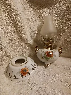 Vintage Miniature Oil Lamp Ceramic With Glass Funnel And Original Shade 24k Plat • $9.99