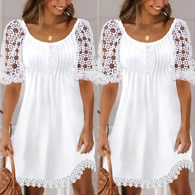 Women's Lace Boho Mini Dress Ladies Summer Short Sleeve Loose Beach Sundress UK • £14.29