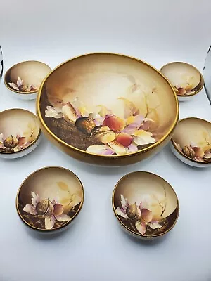 Vtg Nippon Morimura Bros 7 Pc Autumn Nut Bowl Set Hand Painted Bun Feet PERFECT • $154.99