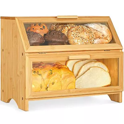 Double Layer Bamboo Bread Box For Kitchen Countertop Large Wooden Storage Bo... • $42.57