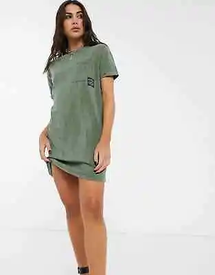$14.99 • Buy BERSHKA Khaki Green Acid Wash Short Sleeve Slogan T-Shirt Dress Size S/AU 10