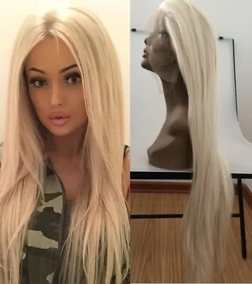 UK 24inch Lace Front Wig Straight Bleach Blonde Heat Resistant Hair Full Head • £27.99