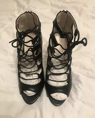 Zara Black Leather Strappy Stiletto Open Gladiator Lace Up Heels Size 40 • $15