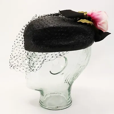 Vintage Milbrae Exclusives Pillbox Hat Black Netting Faux Rose Leaves • $20