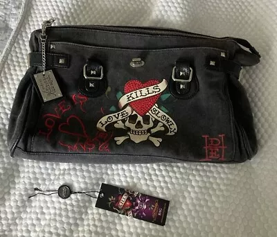 Ed Hardy Love Kills Slowly Handbag Black Purse Makeup Bag - As Is - Look • $74